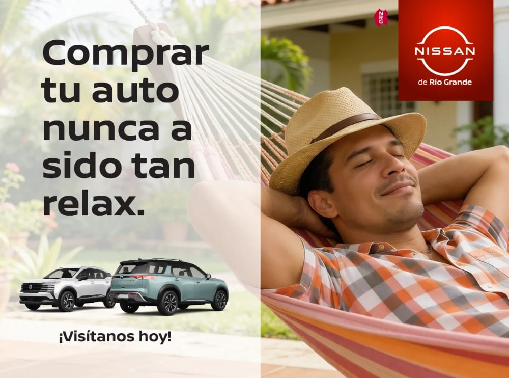 Comprar tu auto nunca a sido tan relax. ¡Visítanos hoy! Un hombre con sombrero de paja descansa en una hamaca en el balcón de una casa. Junto al titular, una Nissan Kicks blanca y una Nissan Pathfinder azul claro, y arriba a la derecha el logo de Nissan de Río Grande.